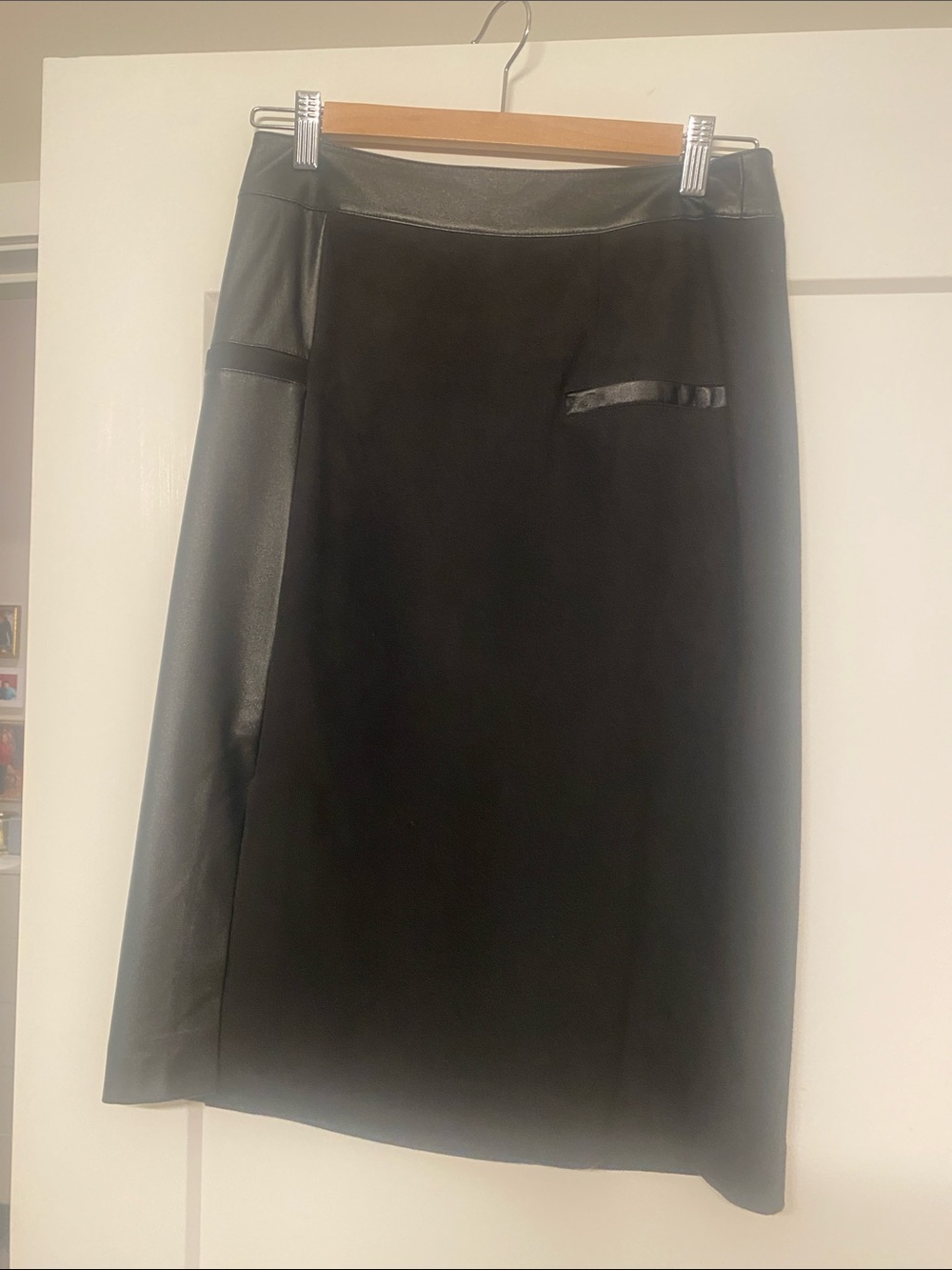 Sleek Black Pencil Skirt with Faux Leather Trim